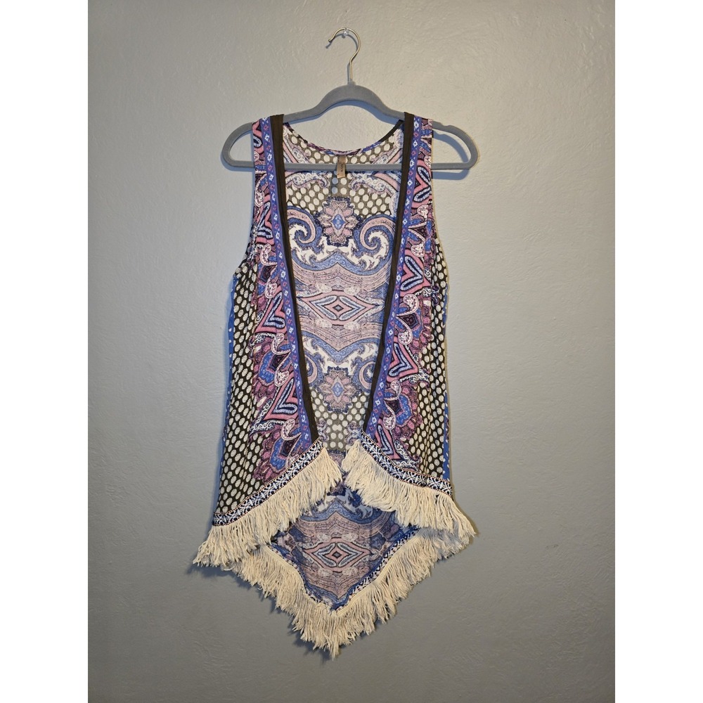 Entro Paisley Open Front Vest Fringed Hem Boho Chic Festival Gypsy Hippie Sz S
